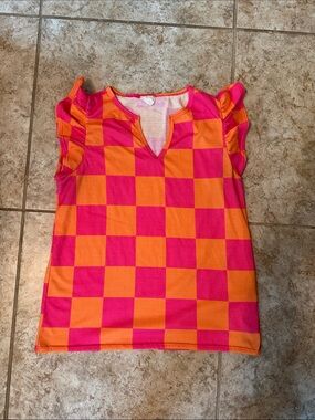 BiBi Pink & Orange Checkered Ruffle Sleeve Tank